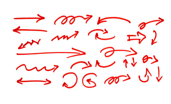 Set of hand-drawn red marker or crayon arrows and pointers. Straight pointers, curved lines, spirals, jagged scribbles, and thick, angular shapes. For emphasis, highlighting, direction, notes. PNG