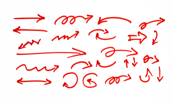 Set of hand-drawn red marker or crayon arrows and pointers. Straight pointers, curved lines, spirals, jagged scribbles, and thick, angular shapes. For emphasis, highlighting, direction, notes. PNG