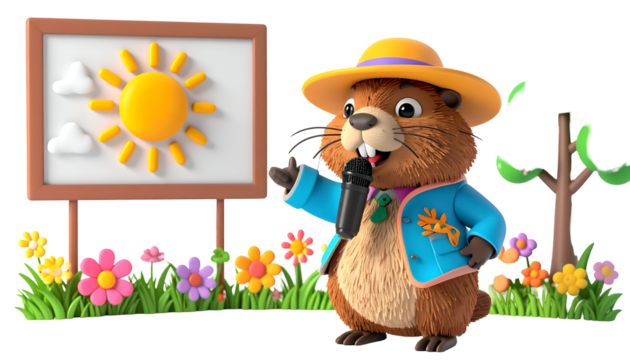 Groundhog Day Celebration with a Cheerful Groundhog Presenting Weather Forecast.