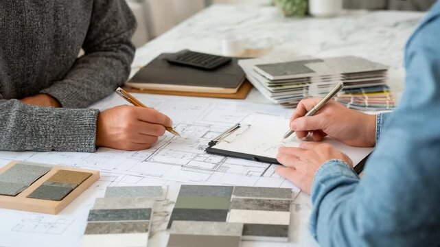 Interior Design Collaboration: Two individuals lean in over a detailed architectural blueprint, a collaborative moment in the process of interior design. Colorful material samples are arranged.