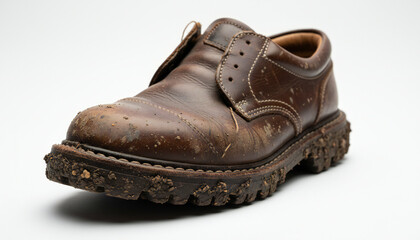 Muddy brown leather work boot isolated on white