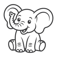 Fototapeta premium Cute Cartoon Baby Elephant Sitting Black and White Line Drawing for Kids