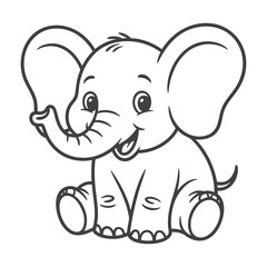 Obraz premium Cute Cartoon Baby Elephant Sitting Black and White Line Drawing for Kids