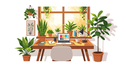 Cozy home office interior with numerous green plants. Biophilic design for a comfortable work from home lifestyle. Vector illustration