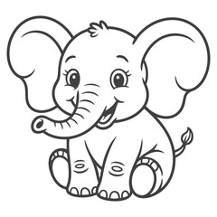 Naklejka premium Cute Cartoon Baby Elephant Sitting Black and White Line Drawing for Kids