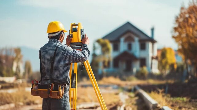 Precision in Progress: A surveyor meticulously measures the landscape with professional surveying equipment.