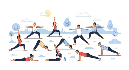 Diverse Group Practicing Yoga Poses Outdoors with Trees and Sun in Background