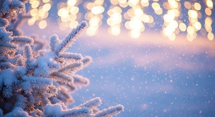 Snow covered evergreen branches under a soft bokeh of lights and falling snowflakes with a serene and cold winter atmosphere