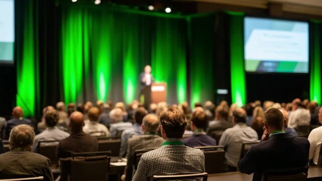 Business Conference: An attentive audience absorbs valuable insights during a dynamic business conference, as the speaker passionately delivers a presentation, captivating the minds of the attendees.