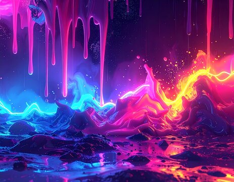 A vibrant digital artwork, exhibiting a collision of radiant neon colors, liquid formations, and ethereal light