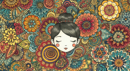 Whimsical girl illustration floral pattern colorful mandala intricate doodle serene expression hand drawn decorative bohemian fantasy art detailed linework