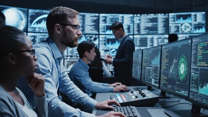 Diverse Team Working in Data Control Center, Analyzing Real Time Information