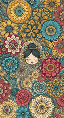 Whimsical floral pattern with vibrant blue, yellow, and red flowers surrounds cute girl with black hair in bun, cheerful and playful, intricate hand drawn style