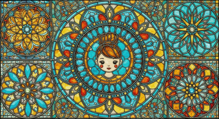 Stained glass mandala blue orange yellow girl floral geometric decorative symmetrical design with cheerful expression creates vibrant and artistic atmosphere