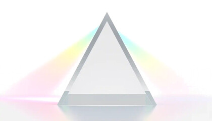 triangular glass prism with light dispersion, rainbow spectrum refraction, clean minimal scene, isolated transparent background.
