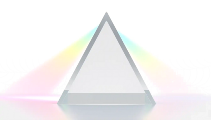 triangular glass prism with light dispersion, rainbow spectrum refraction, clean minimal scene, isolated transparent background.
