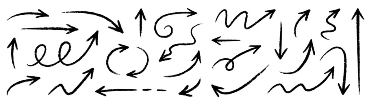 Arrow crayon pastel pencil chalk color line stroke. Sketch chalk pastel color pencil texture line kid fun arrow icon. Hand drawn grunge crayon pencil brush direction elements. Vector illustration