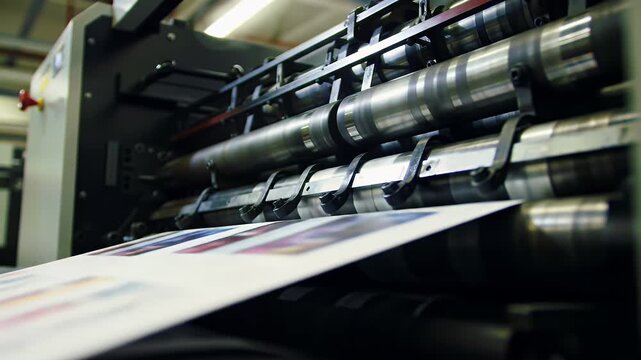 Close Up Of Industrial Printing Machine Rollers Operating With Paper Sheet In Factory