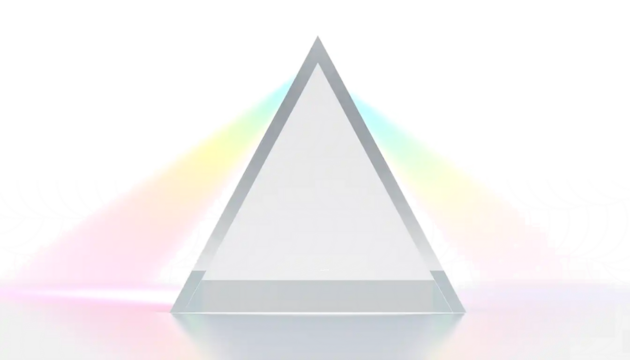 triangular glass prism with light dispersion, rainbow spectrum refraction, clean minimal scene, isolated transparent background.
