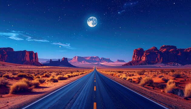 A straight asphalt road leads toward a bright full moon over the mesas of a desert landscape at dusk under a starry sky