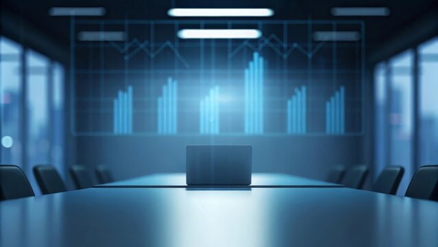 A blurred office with holographic AI data graphs projected