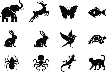 Animal silhouette vector illustration with elephant, deer, butterfly, fish, rabbit, bird, turtle, cat, spider, octopus, and lizard, wildlife design collection