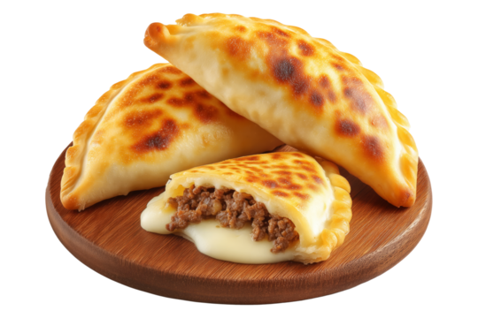 Sambousek Sambusa baked empanadas filled with ground beef and melted cheese on wooden plate, isolated on white transparent background, concept of savory snack food
