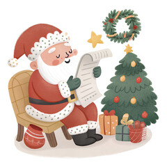 Naklejka premium Cartoon Santa Reading List by Christmas Tree 