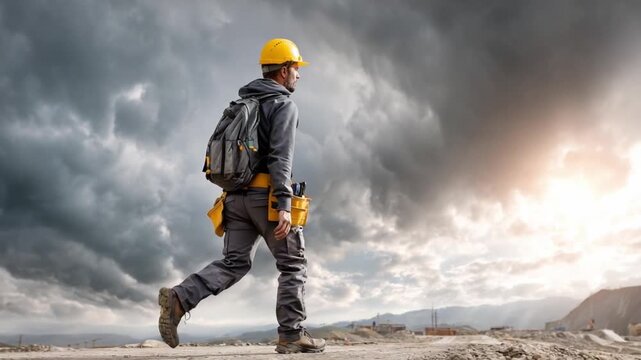 The Steadfast Constructor: A determined construction worker strides confidently against a backdrop of imposing clouds, a symbol of resilience and determination in the face of challenge.