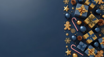Festive christmas background with holiday ornaments gifts and decor on a rich dark blue surface with gold accents and stars