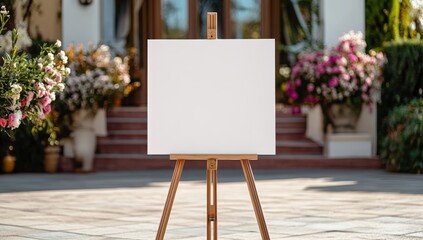 A blank canvas on an easel surrounded by vibrant flowers, set against a charming outdoor backdrop, inviting creativity and artistic expression.