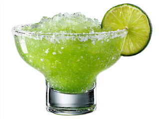 A high-resolution photograph of a green margarita served in a classic cocktail glass, featuring a fresh lime wedge placed on the rim. The drink is isolated against a clean white background, showcasing