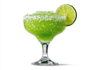 A high-resolution photograph of a green margarita served in a classic cocktail glass, featuring a fresh lime wedge placed on the rim. The drink is isolated against a clean white background, showcasing