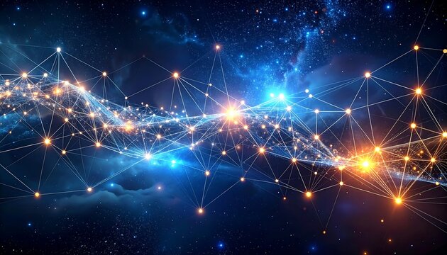 A vibrant digital network visualized against a backdrop of nebulae and celestial bodies. Glowing points connected by luminous pathways