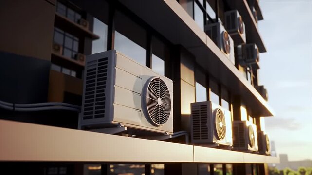 Row Of Air Conditioning Units Mounted On A Modern Building Exterior With Warm Sunlight In The Evening