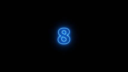 Glowing blue Neon number 8 on black background. 8 number countdown timer 4k image.