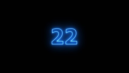Obraz premium Glowing blue Neon number 22 on black background. 22 number countdown timer 4k image.