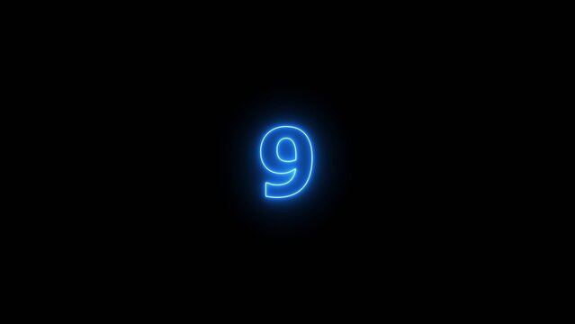 Glowing blue Neon number 9 on black background. 9 number countdown timer 4k image.