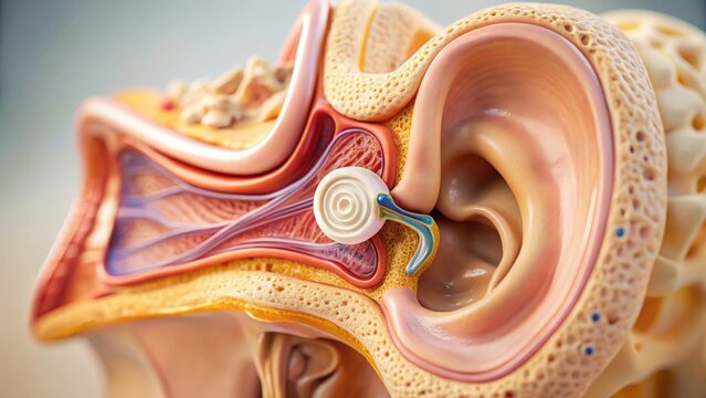 A detailed model of human ear anatomy showing inner workings