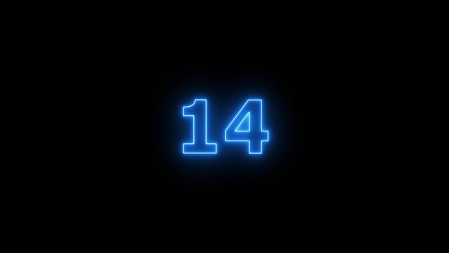 Glowing blue Neon number 14 on black background. 14 number countdown timer 4k image.