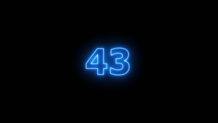 Obraz premium Glowing blue Neon number 43 on black background. 43 number countdown timer 4k image.