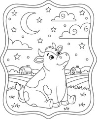 Cute Cow at Night Coloring Page – Adorable Cartoon Cow Sitting on Farm Field Under Moon and Stars for Kids Drawing and Coloring Book Illustration
