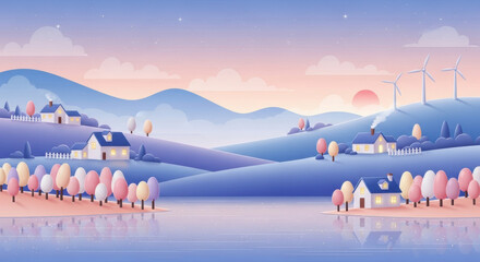 Pastel landscape lake hills wind turbine house tree sunrise calm serene countryside reflection create peaceful rural scene with soft colors and gentle light