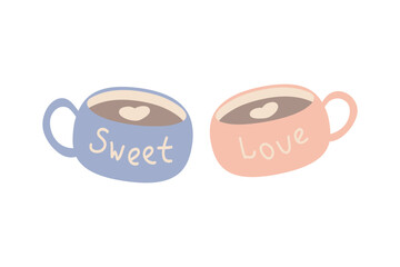 Hand drawn two coffee mugs with heart shapes on the coffee surface and the lettering Sweet Love. Colorful flat vector Love symbols holiday clipart. Valentine's Day concept. 