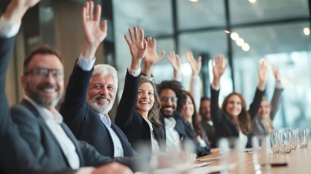 Approval in Action: A group of professionals at a conference room raise their hands, symbolizing their agreement. A symbol of enthusiasm and active participation.
