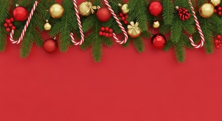 Festive christmas garland with ornaments candy canes and lush green evergreen branches over red background creating a joyful seasonal holiday setting