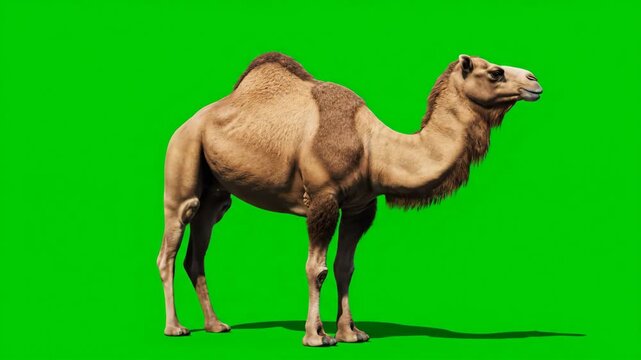 A detailed side profile of a dromedary camel standing against a vibrant green background.