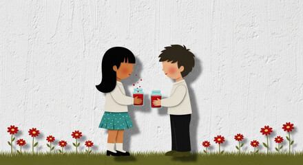 Children jar flower grass wall skirt shirt drink happy outdoor illustration cartoon friendship red white green black blue standing holding sharing smiling spring summer cute playful young boy girl