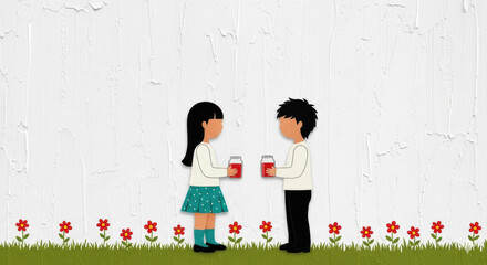 Two children holding jars stand facing each other on green grass with red flowers, against white textured wall, creating playful and cheerful atmosphere