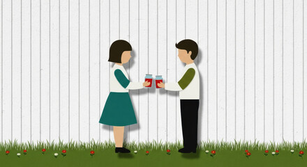 Two children, girl and boy, standing on grass with flowers, exchanging jars with straws, in front of white wooden fence, cheerful and friendly atmosphere